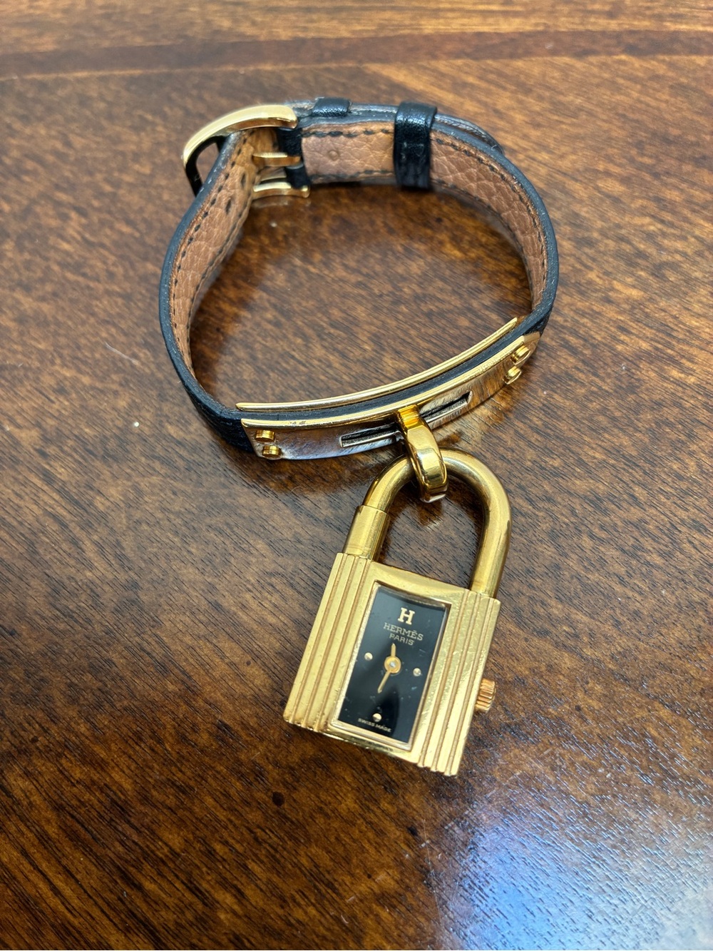 Hermes Black and Gold Kelly Padlock Bracelet Watch